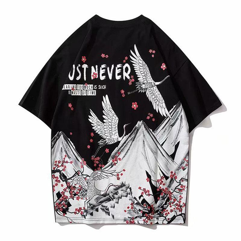 Couples T-shirts Hip Hop Trendy Chinese Style Mountain Bird Print Tees Summer Ladies O-neck Short Sleeve Casual Shirts Men Clothing