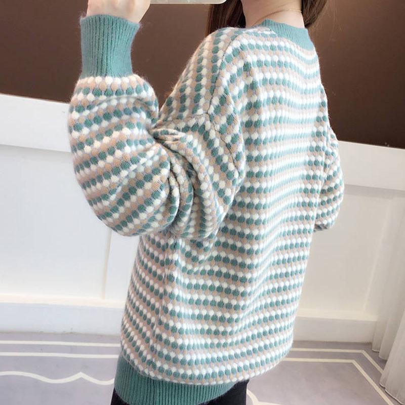 Winter striped sweater contrast women's Crew neck pullover loose  Plus Size  loose Knit Sweater warm