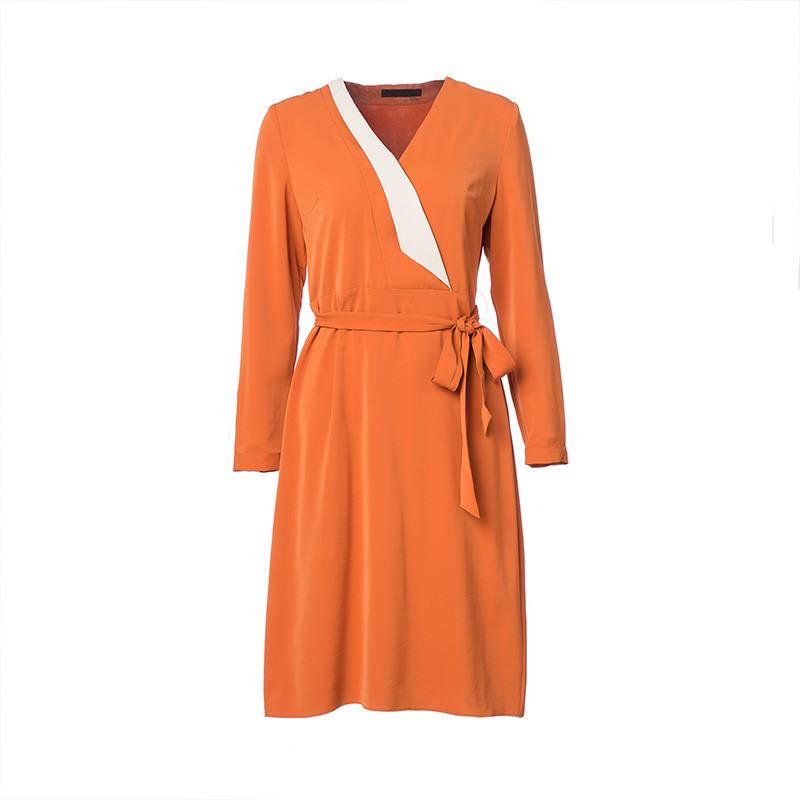 Autumn Dress Slim V-neck Short Women's Temperament Waistband Stitching Long-sleeved Dress