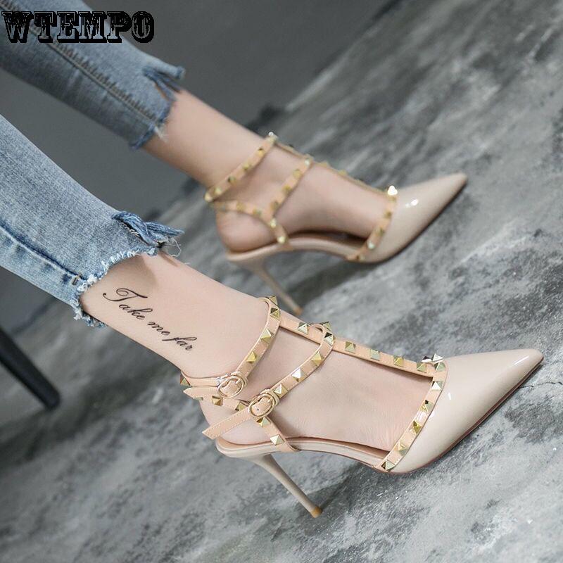 Women's Fine Heels Rivets Pointed Shoes Sexy Summer Shallow Mouth Fashion Lace Sandals