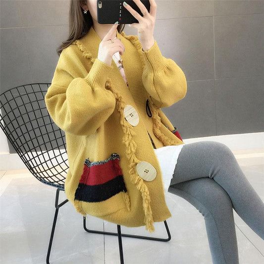 Autumn and Winter Casual Solid Color Sweater Cardigan All-match Thick Coat Loose Blouse