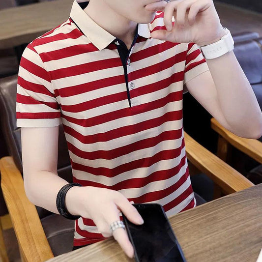 Summer Short-sleeved T-shirt Handsome Striped Lapel Slim Middle-aged Men's Color-blocking Top