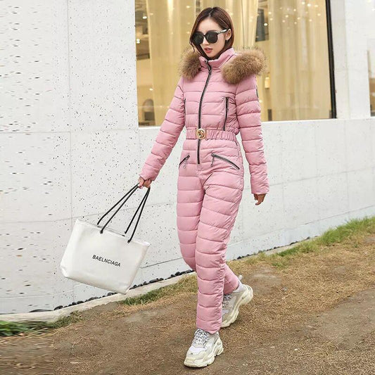 One Piece Ski Suit Women Jackets Winter Fur Collar Hooded Parka Jumpsuit Cotton Bodysuit Sashes Jumpsuits Outdoor Snowboard Jacket Skiing Pant Sets