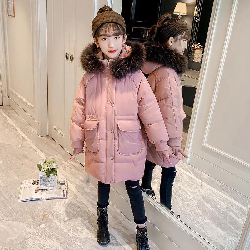 Girls' Thick Warm Cotton-padded Jacket with Large Fur Collar Winter Mid-length Windproof Hooded Jacket