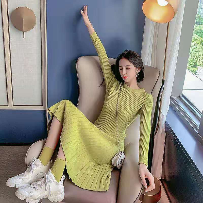 Autumn and Winter Knitted Casual Dress Mid-length Over-the-knee Long-sleeved Base Skirt Pure Color Simple Female Sweater Dress