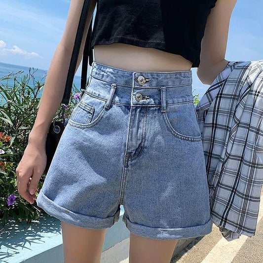 WTEMPO Women Loose High Waist Denim Shorts Wide Leg A-line Thin Curled Bottom Casual Shorts