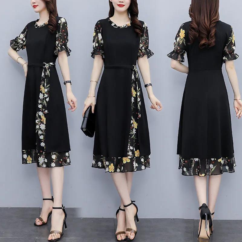 Women Summer Vintage Short Sleeve Casual Dress Slim High Waist Chiffon Floral Printed Mid-length Holiday Dress