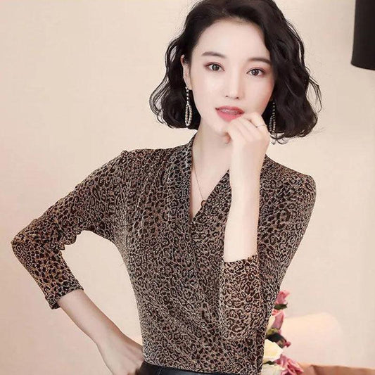 Elegant Leopard print Women Blouse Sexy V neck Office Ladies Blouses Slim Long sleeve Spring Fall Female Party Tops Pullover