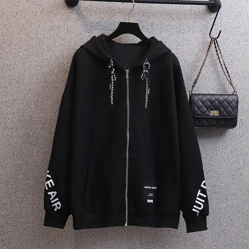 Women's Hooded Zipper Cardigan Spring/Summer Loose Thin Jacket Korean Style Student Versatile Grey High Street Couple Wear Sweater Casual Slim Coat