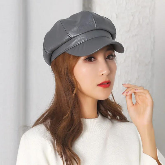 Autumn and Winter Retro Beret Pu Leather Solid Color All-match Octagonal Hat for Women