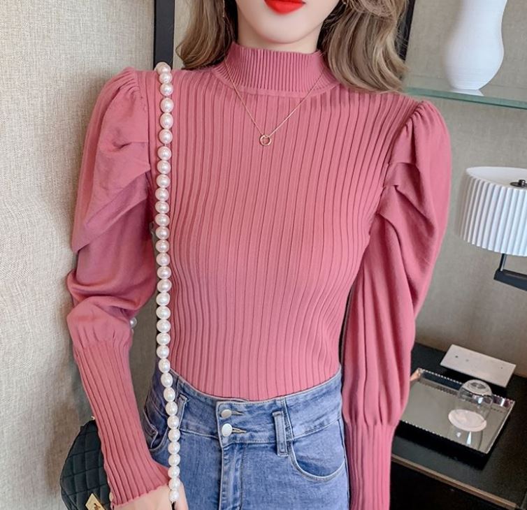 Autumn and Winter Fashion Semi-high Collar Bubble Lantern Sleeve Knitted Bottoming Shirt Feminine Temperament Sweater Top