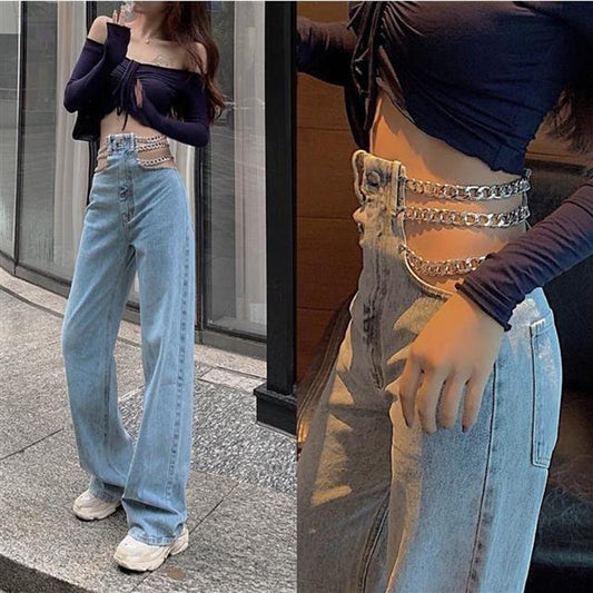 Design Sense Chain Sexy High Waist Jeans Female Spring Korean Version Loose and Thin Wide Leg Mopping Pants Trousers