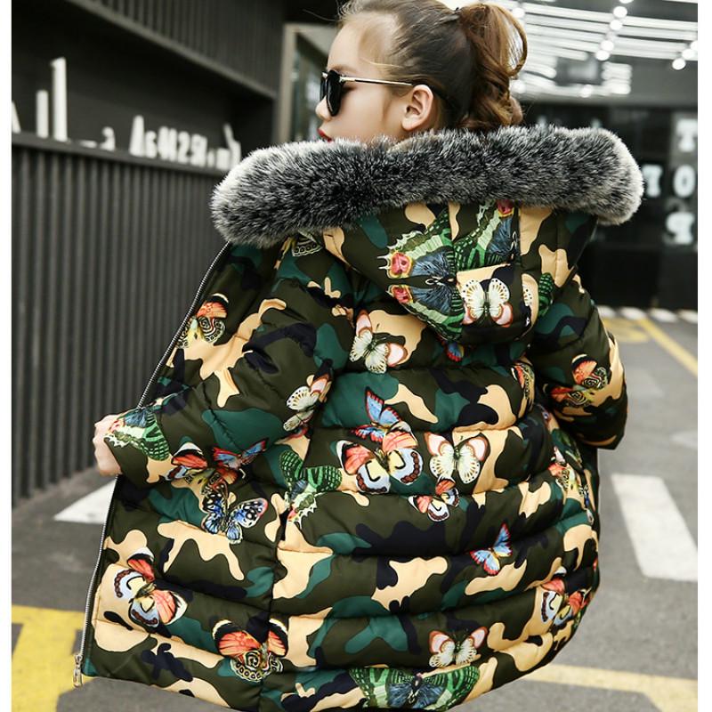 Winter Girls Camouflage Cotton Jacket Children Plus Velvet Thick Butterfly Print Hooded Winter Mid-length Warm Down Jackets