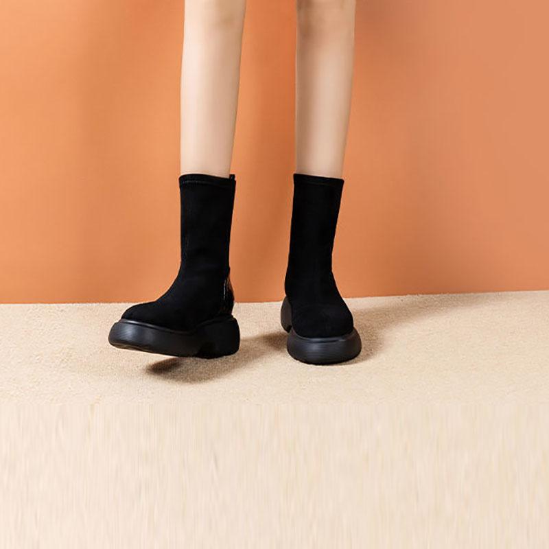 Black Boots Woman Autumn and Winter Elastic Boots Korean Version of Wild Short Boots Increased Thick-soled Boots Martin Boots