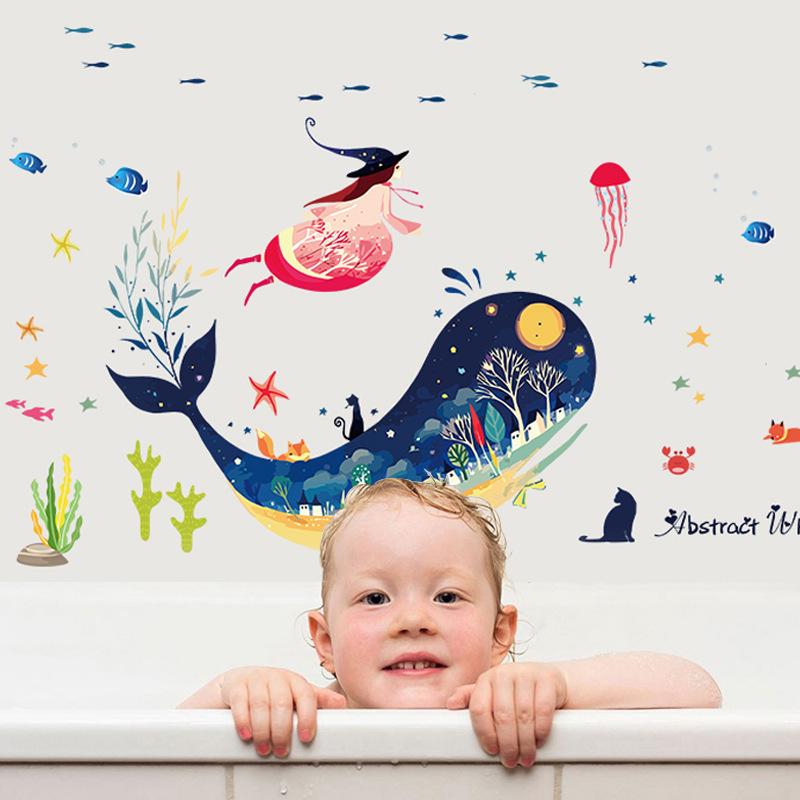 Abstract whale cartoon wall stickers animal removable self-adhesive wallpaper