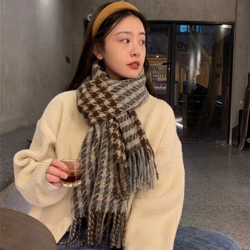 Winter Imitation Cashmere Scarf Korean Tassel Houndstooth Scarf Thick Warm Women's Scarf Shawl