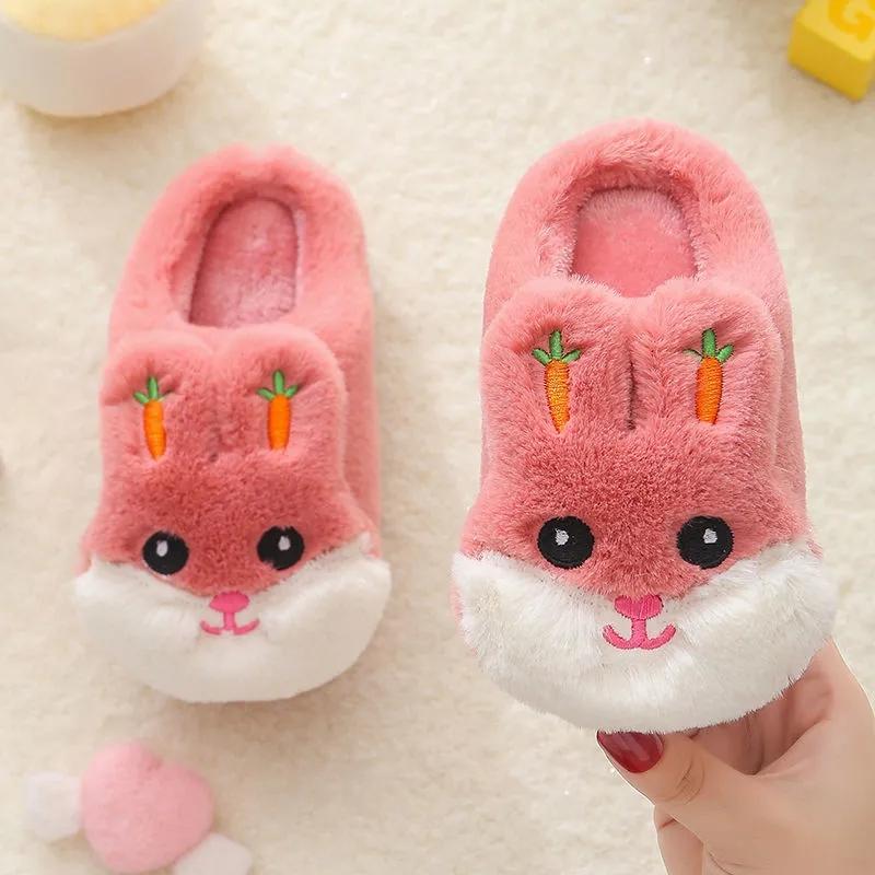 Winter Kids Slippers Cartoon Cute Rabbit Sliders Shoes for Boys Girls Toddler Slippers Plush Soft Fur Cotton Home Indoor Furry Children Baby Slippers