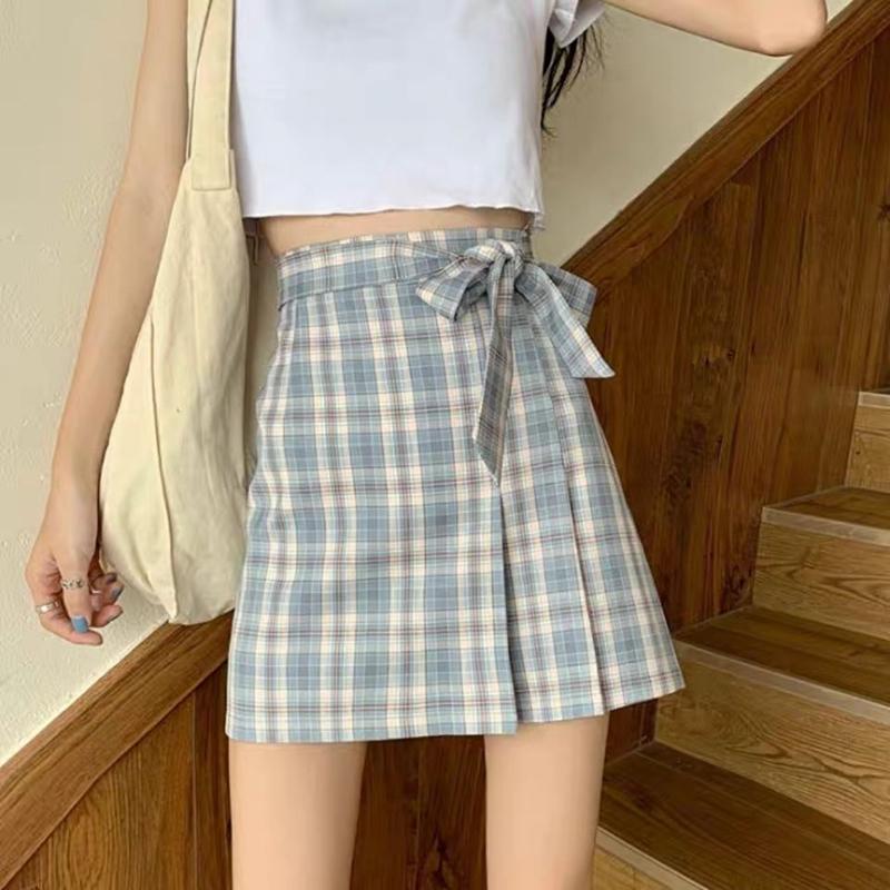 Bow School Girl Women High Waist Pleated Skirt  Plaid A-Line Flare Skater Short Skirt Uniforms Cosplay Sweet Girls