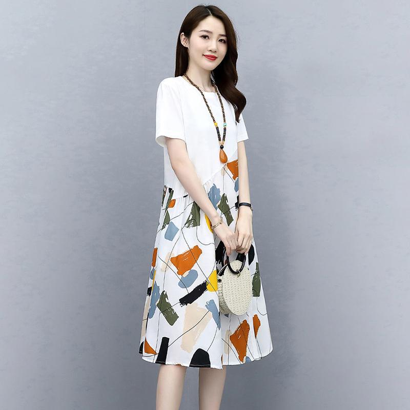 Broken Flower Loose Dress Women Loose Cover Belly Slimming Casual A-line Skirt Women Round Neck Short Sleeve Stitching Flower Color Dress