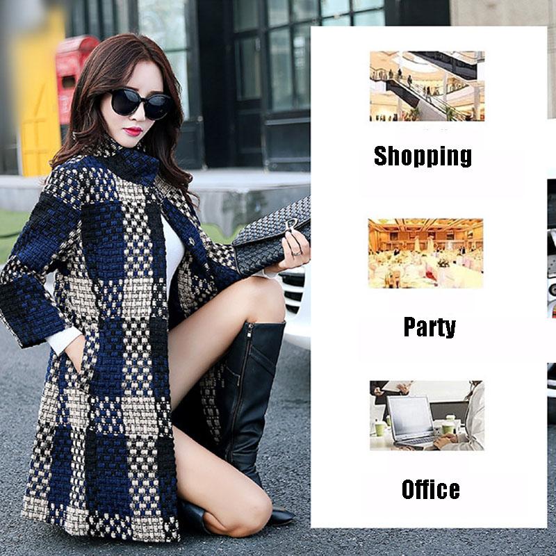 Women's Woolen Coat Winter Autumn  Winter Mid-length Slim-fit Large Size Plaid Coat Stand Up Collar Tweed Jacket