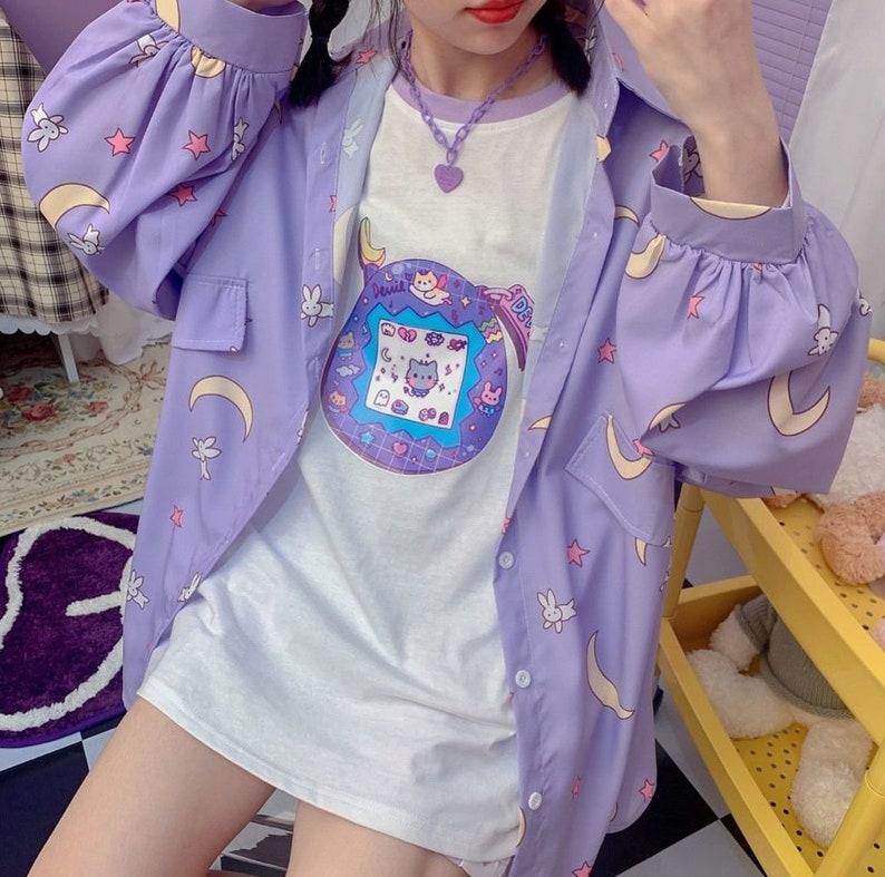 Moon Shirt Ladies Lavender Loose Versatile Long Sleeve Shirt Cute Polo Collar Print Cartoon Shirt Jacket