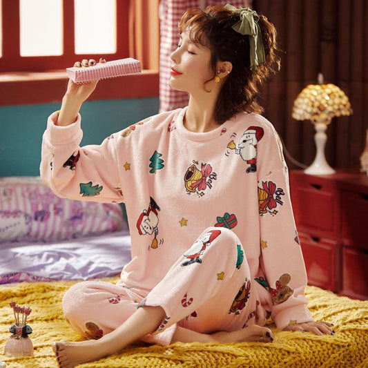 Women's Long-sleeved Large Size Warm Suit Ladies Cute Cartoon Thick Coral Fleece Pajamas Autumn and Winter Flannel Pajamas