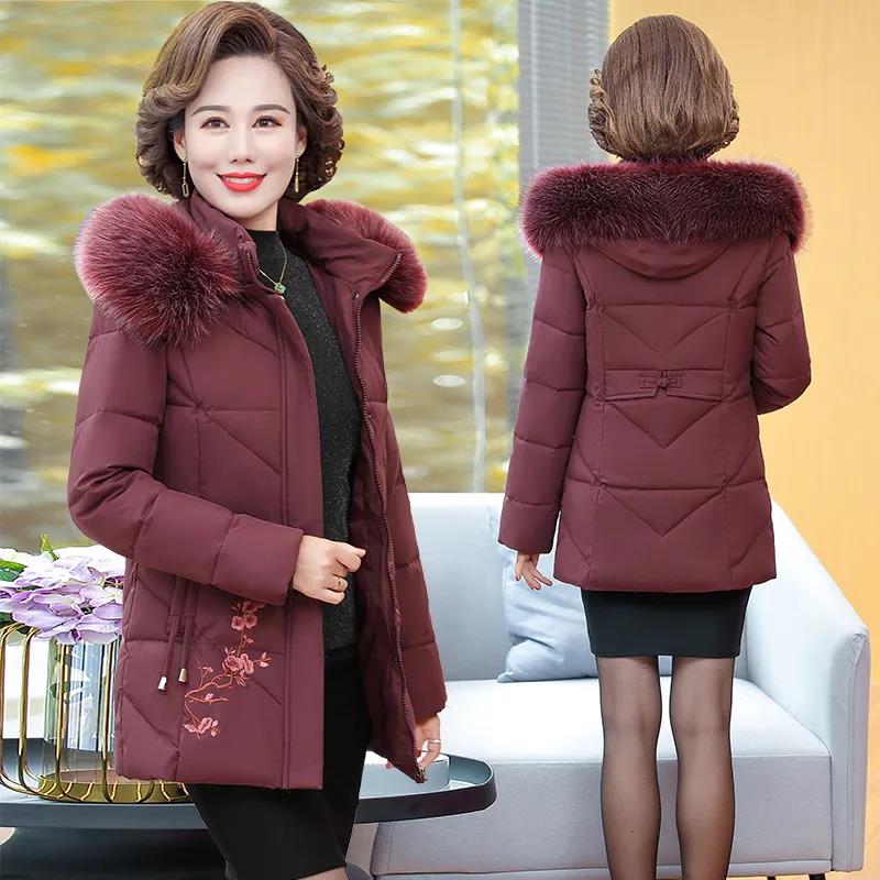 Winter Down Cotton Jacket Fashion Fur Collar Hooded Mid-length Jacket Thick Warm Cotton Jacket Suitable for Middle-aged Women