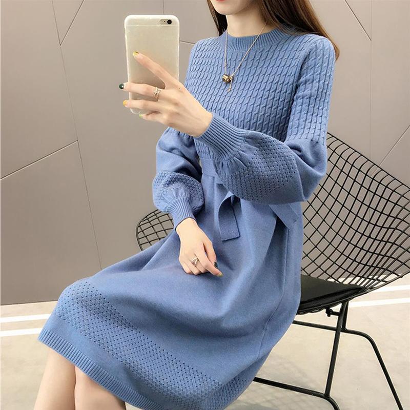 Knit Dress Women Autumn and Winter Loose Mid-length Over-the-knee Sweater Bottoming Tie Belt Slim-fit Sweater Dress Puff Sleeve Sweater