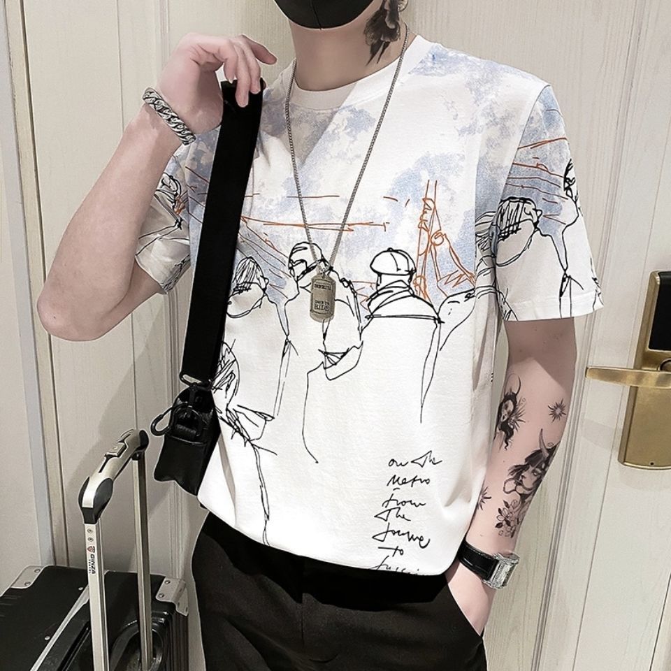 Men's Summer Short-sleeved T-shirt Male Printing Loose Wild Half-sleeved Ins T-shirt Top