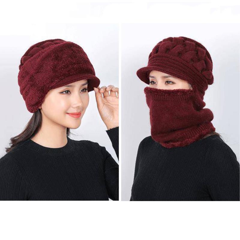 Warm Hat Women's Winter Woolen Hat with Velvet To Keep Warm Cycling Padded Bib Hat One-piece Stretch Knitted Hat