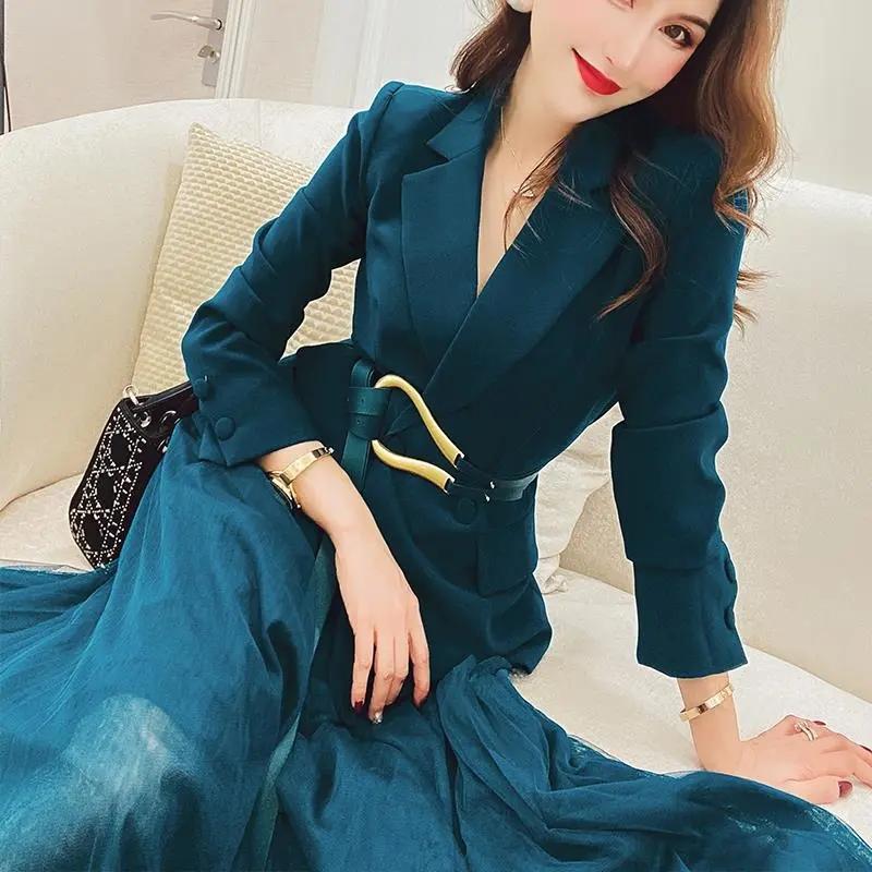 2PCS Women's Autumn High-end Two-piece Suit Jacket + Gauze Skirt Suit Jacket A-line Skirt Casual Work Clothing Ladies Elegant Sets