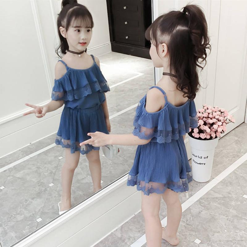 Girls' Summer Shorts Suit Korean Style Summer Children's Suspender One Shoulder Chiffon Two Piece Set Pleated Mesh Solid Color Two-piece Suit