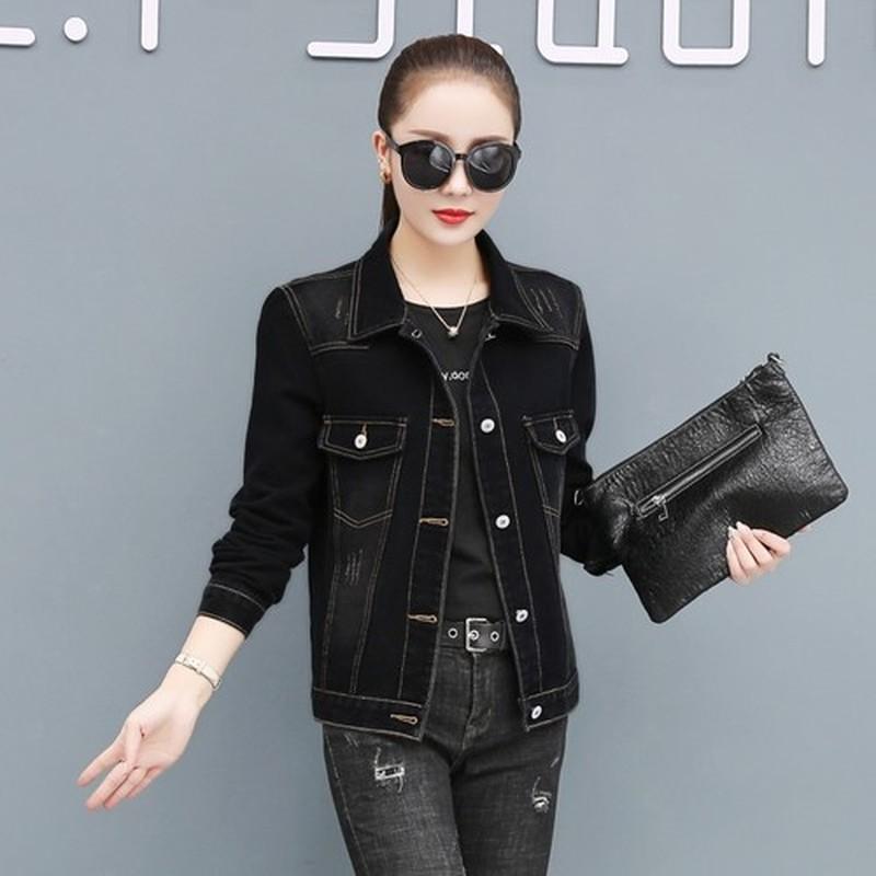 Denim Jackets Cotton Single-breasted Solid Ladies Turn-down Collar Spliced Autumn Outerwear Hole Coat Tops Female