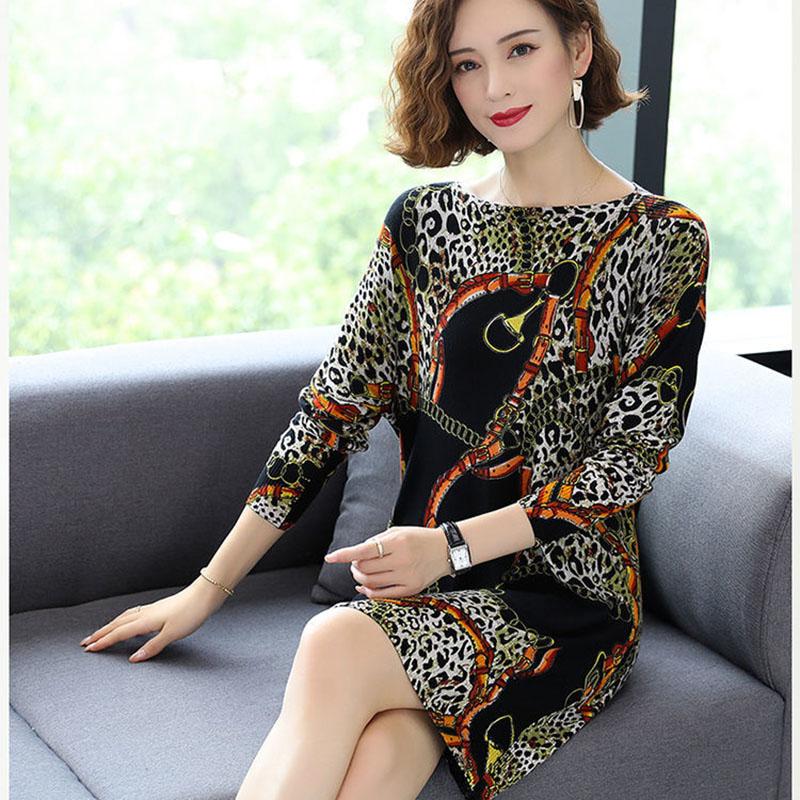 High-end  Mid-length Cashmere Sweater Women's Printed Pullover Sweater Autumn Winter Slim Plus Size Bottoming Wool Sweater Outwear