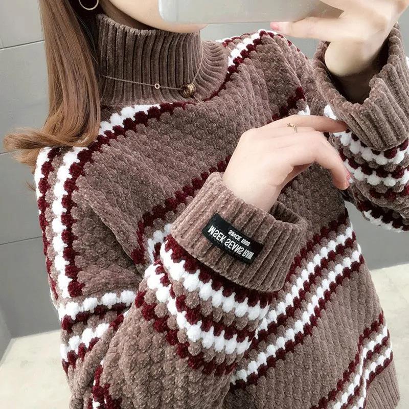 Women's Winter Large Size Versatile Striped Sweater Female Autumn Loose High Collar Long Sleeve Warm Knitted Pullover