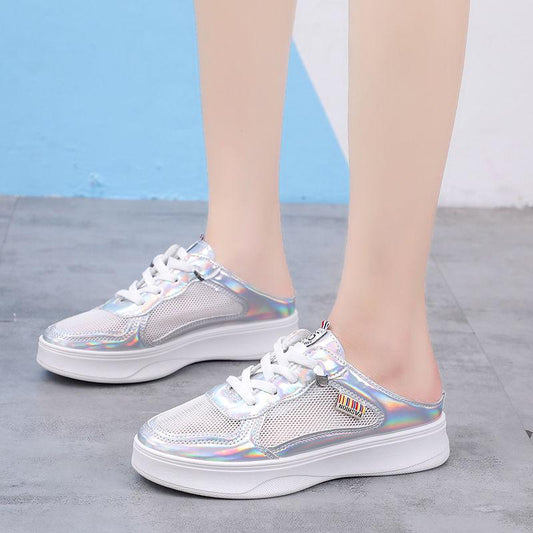 Women's Shoes New Heelless Baotou Half Slippers Sequins Small White Shoes Women Summer Korean Version of The Mesh Breathable Lazy Shoes