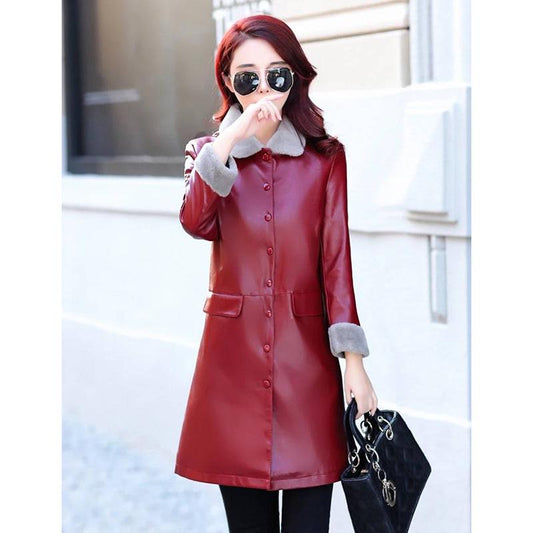 Large size Leather coat Winter Woman's Leather clothing Luxurious Long sleeve Leather jacket Wild