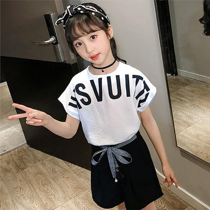 Girls' Children's Printed Letter Short Sleeve Suit Summer Girls' Korean Students' Shorts Two Pieces Set