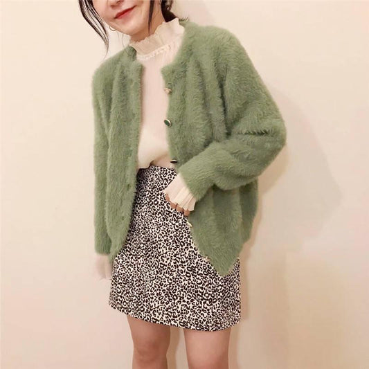 4 Colors Women Faux Mink Cashmere Lazy Loose Crew Neck Button Sweater Knitted Jacket Coat