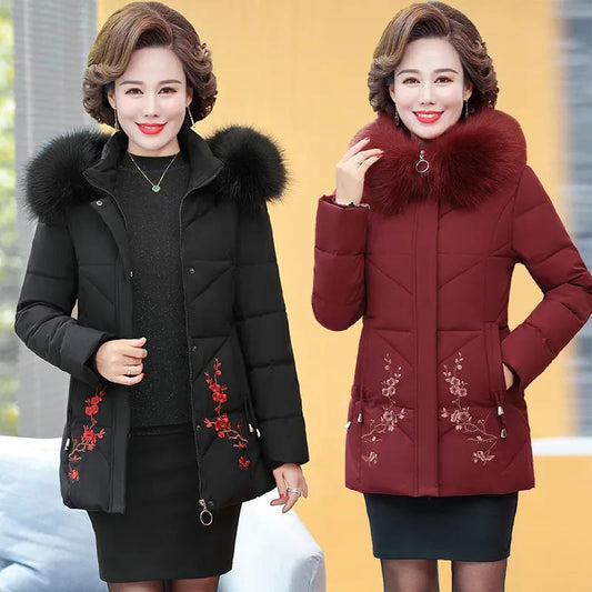 Winter Down Cotton Jacket Fashion Fur Collar Hooded Mid-length Jacket Thick Warm Cotton Jacket Suitable for Middle-aged Women