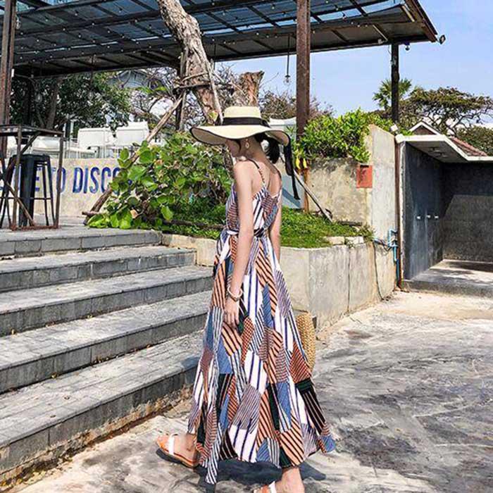 Pofulove Women V-neck Chiffon Dress Printed Sun-dresses Below The Knee Beach Vacation Beach Dress