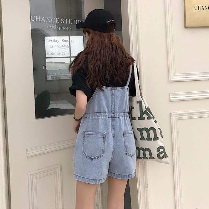 T-shirt Overalls Suits Women T-shirt  Elastic Waist Strap Denim Shorts Two Piece Short Set