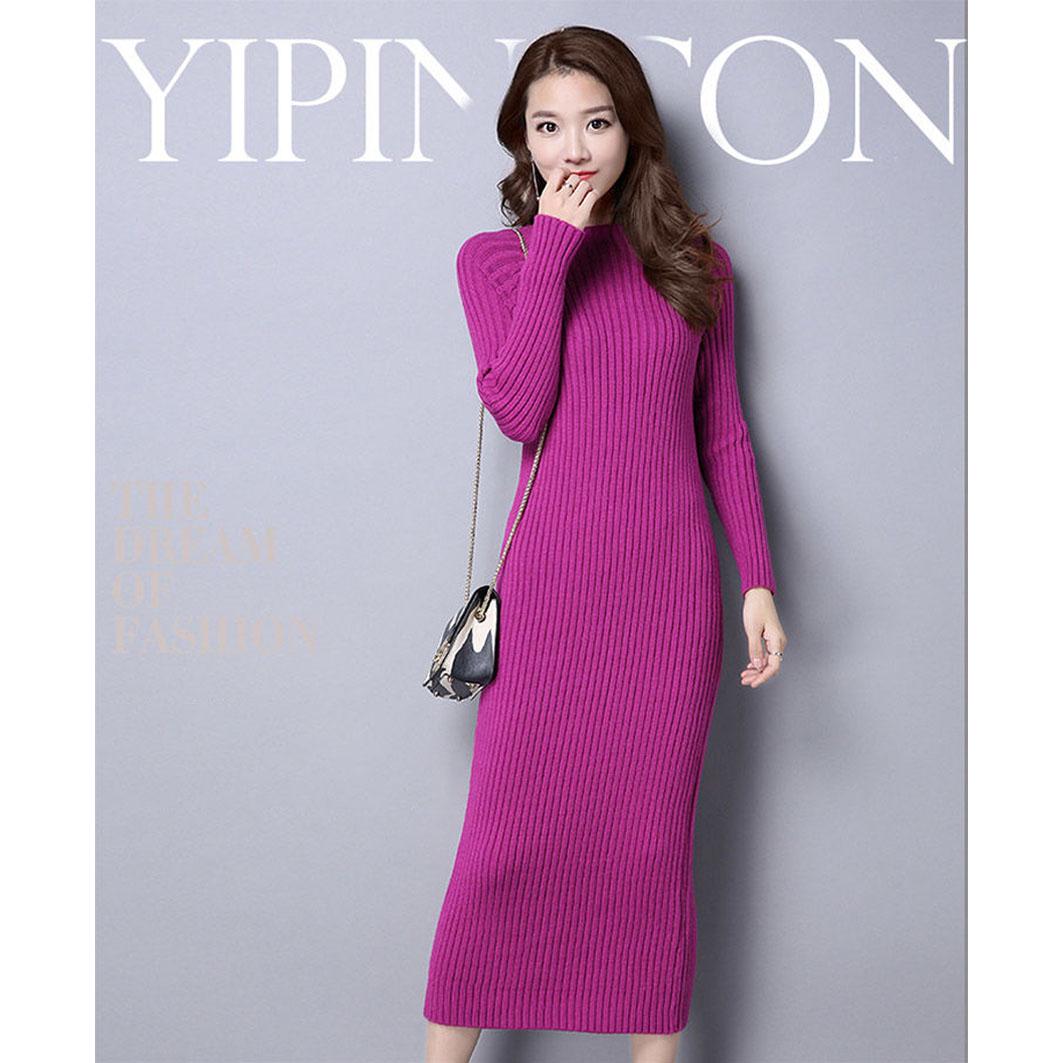 Elegant Women Midi Dress Long Sleeve Stretch Dresses Winter Ribbed Knitted Robe Office Ladies