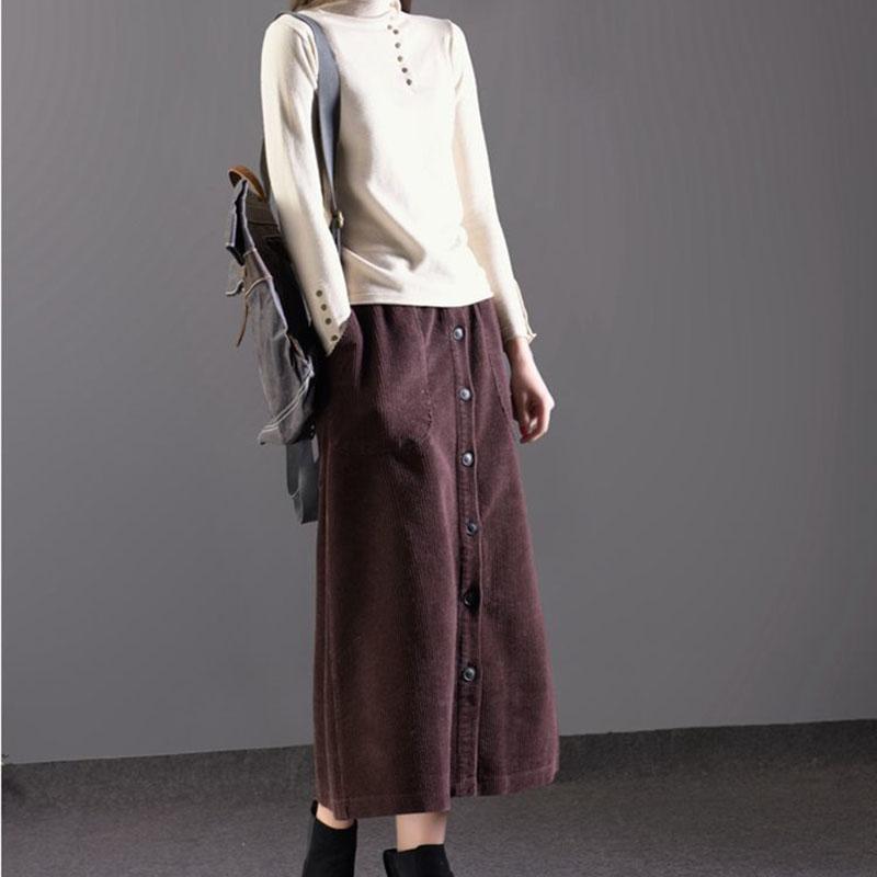 Corduroy A-line Skirt Women Loose Fall/winter Single-breasted Plus Size Skirt High-waisted Corduroy Long Skirt with Pockets