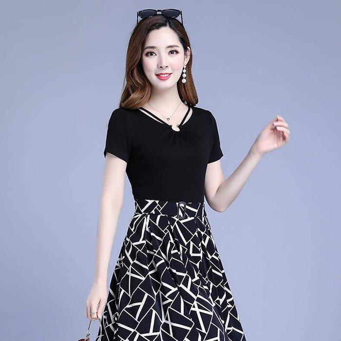 Pofulove M-3XL Women Plus Size V-neck Print Dress Slim Short Sleeve Dress A-line Dresses Below Knee