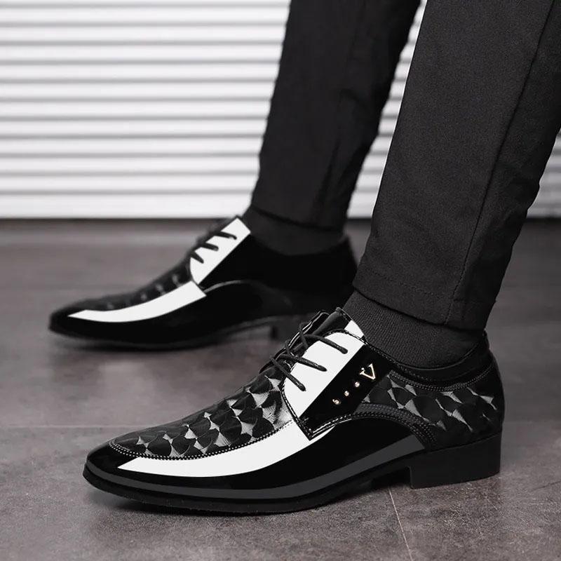 Men's Leather Shoes Business Casual Glossy Lacing Dress Leather Shoes Men's Moccasin Shoes Youth Formal Footwear Black Pointed Toe Wedding Shoes