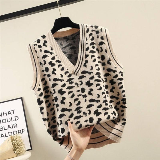 Women Sweater Vest Leopard Knitted Vest Fall Pullovers Sleeveless Printed Tops Ladies V Neck Clothes