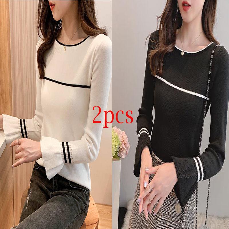 Autumn and Winter Women Sweater All-match Bell Sleeved Shirt Slim One-neck Female Pullover Jumpers