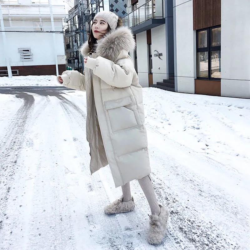 Ladies Down Jacket Winter Fashion Big Fur Collar Hooded Jacket Thick and Cotton Warm Mid-length Jacket