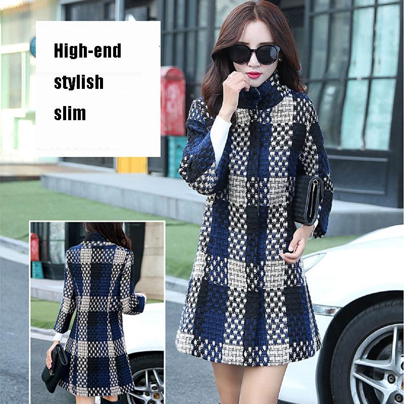 Women's Woolen Coat Winter Autumn  Winter Mid-length Slim-fit Large Size Plaid Coat Stand Up Collar Tweed Jacket